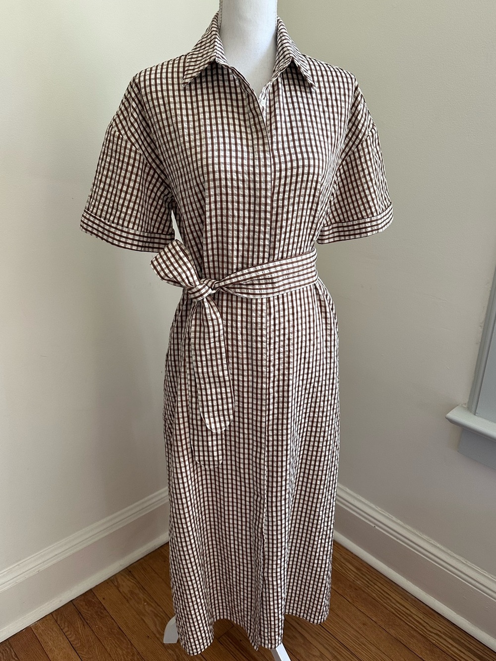 Tuckernuck Pomander Place Brown and Cream Gingham Seersucker Maxi Shirt Dress S - Picture 3 of 12